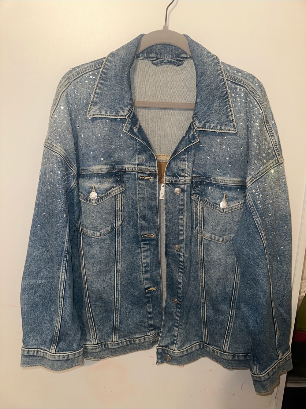 PINK Victoria's Secret Light Blue Denim Jacket with Brown Leather Patch